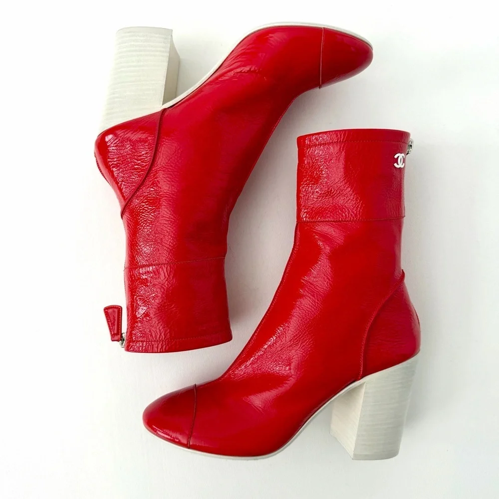 CHANEL | Red Patent Leather CC Logo Block Heel Ankle Boots EU 37.5